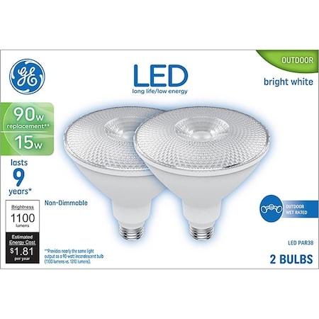 Ge Floodlight Bulb, PAR38 Lamp, 90 W Equivalent, Medium Lamp Base, Non-Dimmable, Clear, PK2 93129298