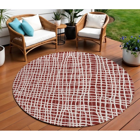 Homeroots 8' Burgundy And Ivory Round Striped Washable Indoor Outdoor Area Rug 583410