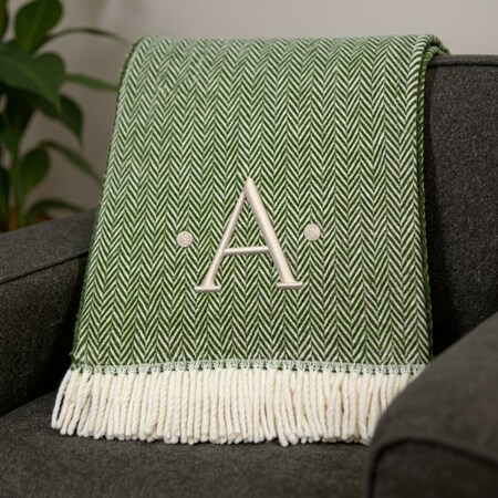 Homeroots 55" X 70" Moss Green White Herringbone Cotton Blend A Initial Throw Blanket with Tassels Embroidery 680592