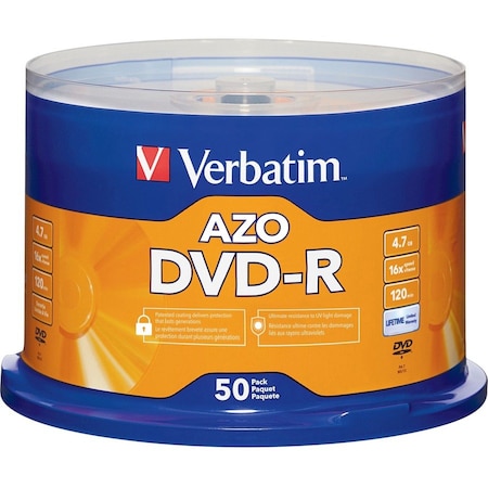 Verbatim Americas Verbatim AZO DVD-R 4.7GB 16X with Branded Surface - 50pk Spindle - 2 Hour Maximum Recording Time 95101