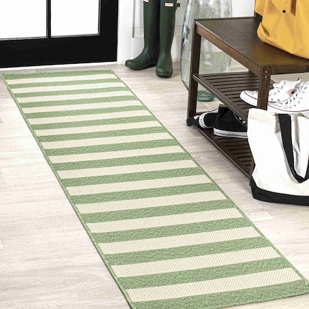 Jonathan Y Negril Two-Tone Wide Stripe Green/Cream 2 ft. x 8 ft. Indoor/Outdoor Runner Rug SMB203D-28