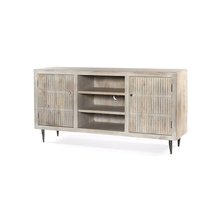 Homeroots 60in Ivory Carved Geometric Distressed Solid Wood Enclosed and Open Storage TV Stand 489506