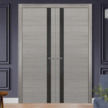Sartodoors Solid French Double Doors, Planum 0040 Grey Oak with Black Glass, Wood Solid Panel Frame Trims, Clo PLANUM0040DD-SS-36
