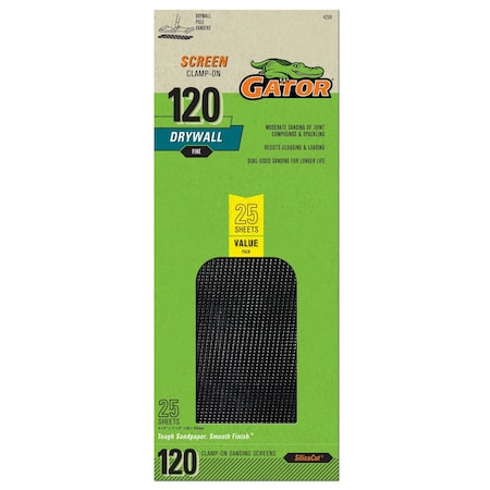 Gator Finishing SilicaCut Drywall Clamp-On Sanding Screen, 120 Grit, Fine, 25PK 4258