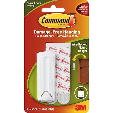 Command Picture Hanger, 5 lb, Plastic, White, Adhesive Strip, 3 in L x 1 in W x 1/4 in H, 1/PK 17041