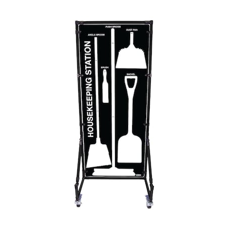 5S Supplies Housekeeping Shadow Board Broom Station V17, Black / White, Kit + Stand HSB-V17-BLACK/WHITE-KIT-STAND