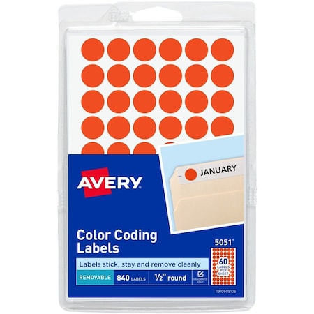 Avery Removable Self-Adhesive Color-Coding Labels, 1/2" Dia, Neon Red, 840/Pack 5051