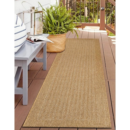 World Rug Gallery Contemporary Bordered Weather Resistant Reversible Indoor/Outdoor Rug 2 ft x 7 ft Natural WR111NATURAL2X7