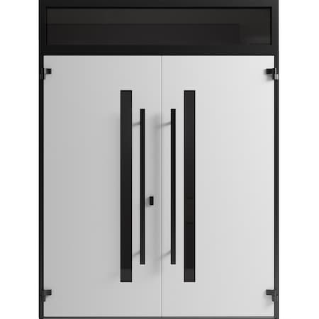 Vdomdoors Front Exterior Prehung Aluminum Double Doors Ronex0144 Grey Top Transom Mirrored Clear Glass Entry RONEX0144DEXD-GRE-W72xH96+12-LH-I