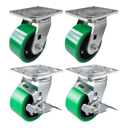 Hyw Products Heavy Duty Caster Set 4in Green Polyurethane on Cast Iron Wheels, 2 Swivel & 2 Swivel w/ Brake, 4PK 40-40S-A1-PC-2,40-40S-A1-PC-TB-2 (G)