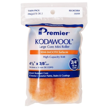 Kodawool 4-1/2in x 3/8in Nap Premier Large Core Mini Roller Cover, 2PK 33008