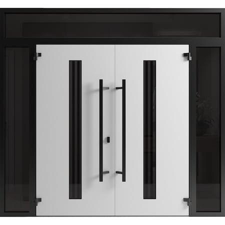 Vdomdoors Front Exterior Prehung Aluminum Double Doors Ronex1055 Teak 2 Sidelights and Top Transom Mirrored RONEX1055DEXD-OAK-W16+72+16xH96+14-LH-O