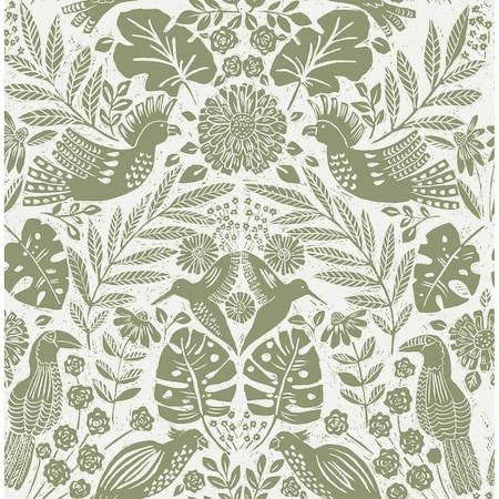 A-Street Prints Nestle Green Bird Block Print Wallpaper 4122-27005