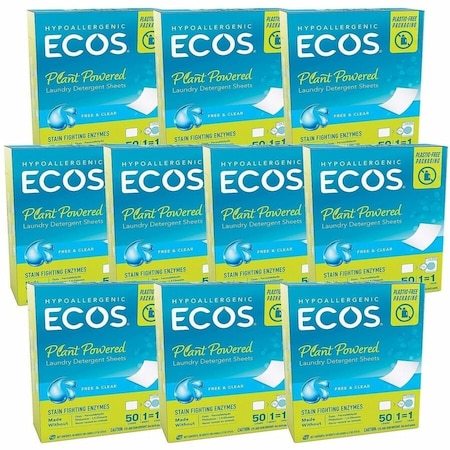 Ecos Laundry Detergent, Sheet, Free and Clear, Clear, 10 PK 9537/10