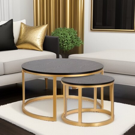 Homeroots Set of Two 36" Black And Gold Steel Round Nested Coffee Tables 521989