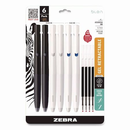 Zebra Pen bLen Gel Pen, Medium 0.7 mm, Black; Blue Ink, White; Black Barrel, 6PK 49501