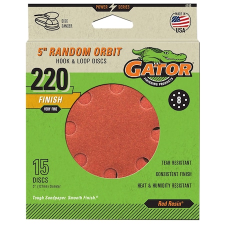 Gator Finishing Gator Grit Primal 5 in. Hook and Loop Sanding Discs, 220 Grit, Very Fine, 15PK 4140GA