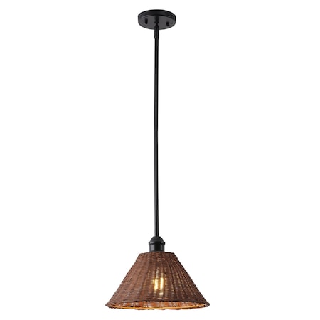 Jonathan Y Hattie 12 in. 1-Light Coastal Bohemian Metal and Woven Rattan LED Pendant Light, Black/Dark Brown JYL5712B