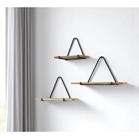 Homeroots Set Of Three Black And Brown Metal And Solid Wood Triangle Wall Mounted Accent Shelves 608673