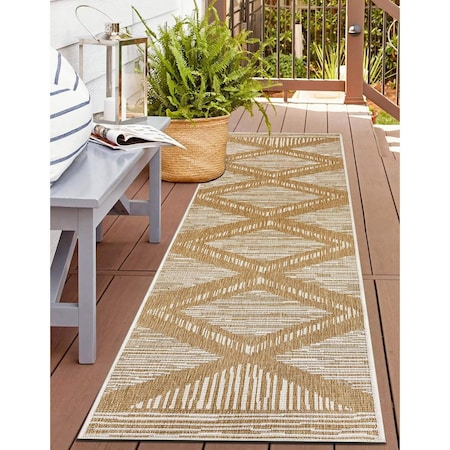 World Rug Gallery Contemporary Geometric Stripe Weather Resistant Reversible Indoor/Outdoor Rug 2 ft x 7 ft Natural WR109NATURAL2X7