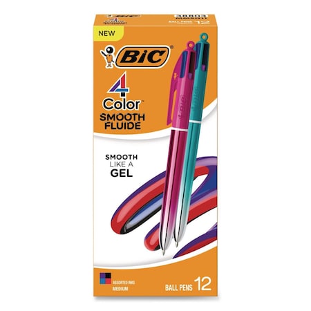 Bic Four-Color Smooth Multi-Color Ballpoint Pen, Retractable, Med 1mm, Black/Blue/Purple/Red Ink, 12PK MMSG11-AST