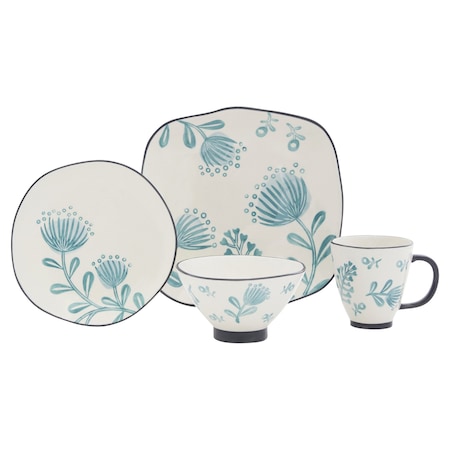 Homeroots Blue and White Sixteen Piece Round Floral Ceramic Service For Four Dinnerware Set  534544