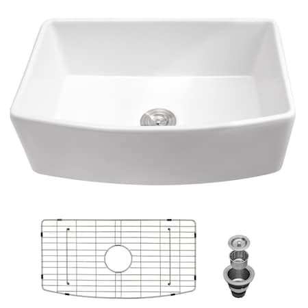Wrightmaster 30 in. Curved Apron-Front Single Bowl White Ceramic Kitchen Sink w/Bottom Grids and Basket Strainer ZOR-AW301910DS