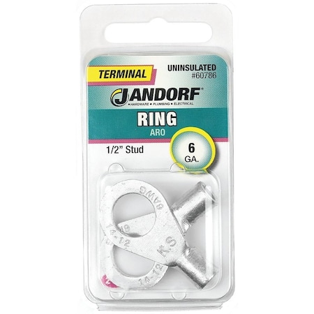 Jandorf High-Temperature Non-Insulated Ring Terminal, 6 AWG Wire, 1/2 in Stud, Copper Contact 60786
