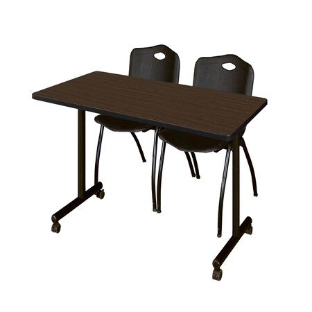 Regency Kobe Mobile T-Base Training Table W/ 2 M Stack Chairs, 48 in W, 24 in L, Neo Walnut MKTRCC4824NW47BK