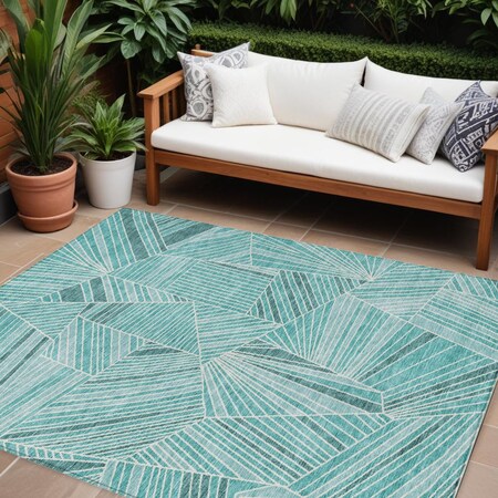 Homeroots 10' X 14' Teal Blue And Ivory Geometric Washable Indoor Outdoor Area Rug 594814