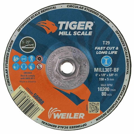 Tiger Mill Scale 6 in x 1/8 in Grinding Wheel, Type 29, MILL30T, 5/8 in-11 A.H. 58088