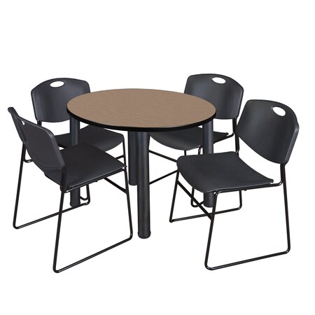 Regency Round Kee Breakroom Table W/ 4 Zeng Stack Chairs, 36 in W, 36 in L, Noble Oak TB36RNDNOBPBK44BK