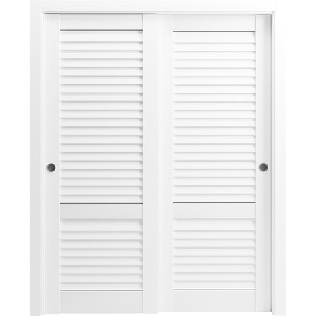 Sartodoors Sliding Closet Bypass Doors 48 x 84 inches, Louver 3388 White Silk, Rails Hardware Set, Wood Soli LOUVER3388DBD-WS-64