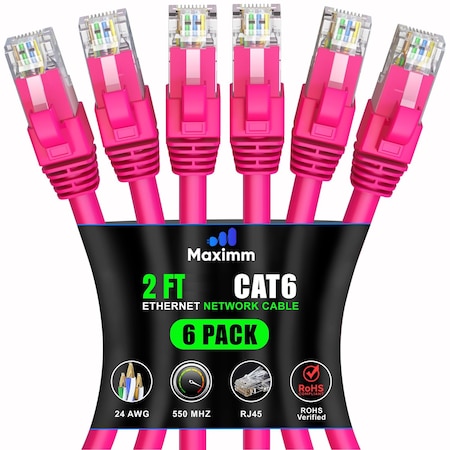 Maximm Cat6 Ethernet Cable 2ft 10Gbps 550MHz UTP, 6PK, Pink, 6PK CAT6-CCA-2FT-PINK-6PK