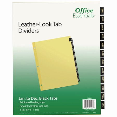 Office Essentials Preprinted Black Leather Tab Dividers, 12-Tab, Jan. to Dec., 11 x 8.5, Buff, 1 Set 11484