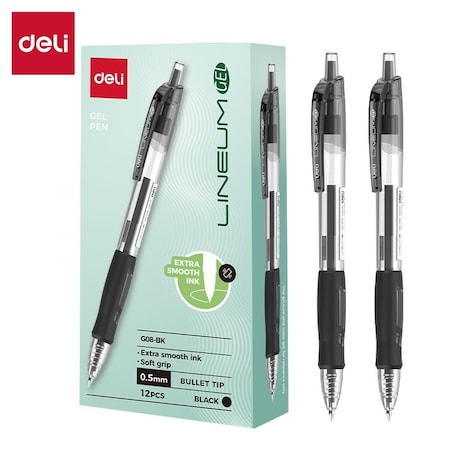 Deli Arrix Retractable Gel Pen 0.5mm, Black Ink, Soft Grip, 12PK EG08-BK