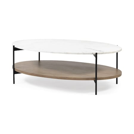 Homeroots 48" Brown and Black Genuine Marble and Metal Oval Coffee Table With Shelf 376280