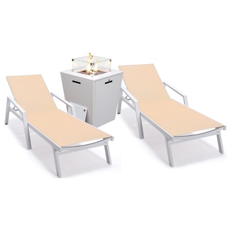 Leisuremod Marlin White Aluminum Patio Chaise Lounge Armchair Set of 2 with Square Fire Pit Table, Light Brown MLAWCF21-77LBR2