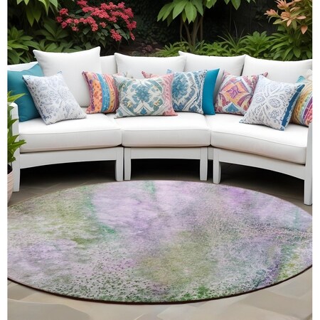 Homeroots 8' Round Purple Round Abstract Washable Non Skid Indoor Outdoor Area Rug 559609