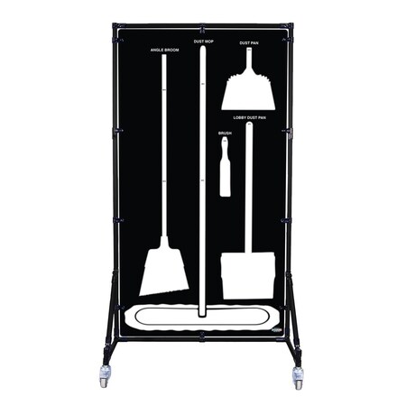5S Supplies Housekeeping Shadow Board Broom Station V4, Black / White Shadows, Kit + Stand, No Text HSB-V4-BLACK/WHITE-KIT-STAND-NO TEXT