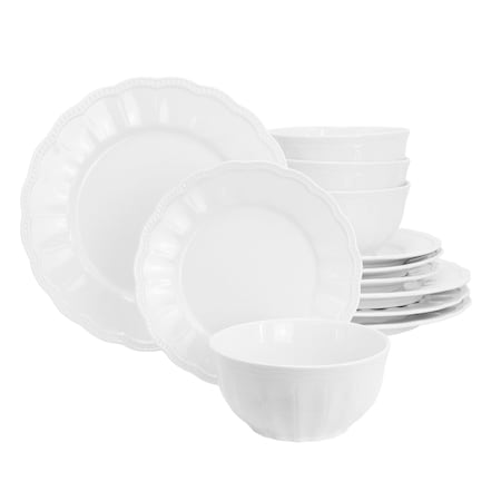 Hometrends Ultra Durable 12 Piece Fine Ceramic Embossed Dinnerware Set in White 96949.12