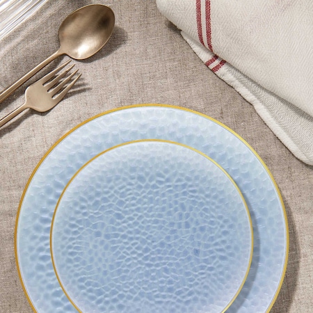 Smarty Had A Party Clear Blue with Gold Rim Hammered Glass Disposable Plastic Dinnerware Value Set, 240PK 8860-BGVP-CASE