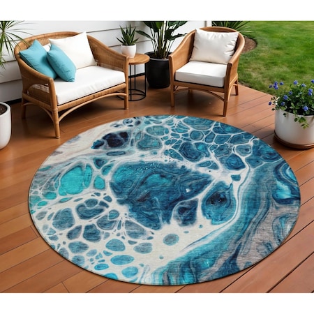 Homeroots 8' Teal Blue And Navy Blue Round Nautical Washable Indoor Outdoor Area Rug 581511