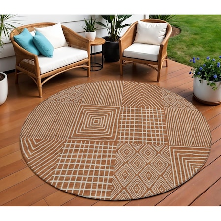 Homeroots 8' Brown And Beige Round Geometric Washable Indoor Outdoor Area Rug 596964