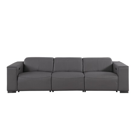 Homeroots 110" Dark Gray Top Grain Leather Reclining Metal USB Sofa 720308