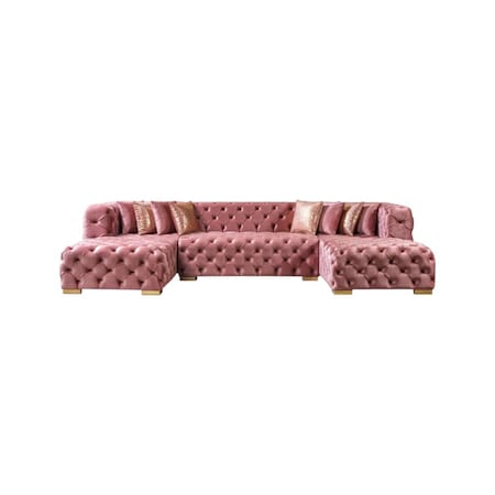 Homeroots Tufted Pink Velvet Modular U Shaped Sofa and Chaise Sectional With Toss Pillows 642269
