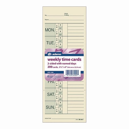 Adams Business Forms Time Cards for Pyramid 1000 Time Clock, Two Sides, 3.38in x 9in, 200PK 9791-200