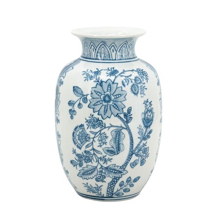 Homeroots 9" Light Blue And White Floral Round Porcelain Jar 565447