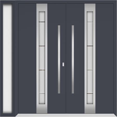 Vdomdoors Metal Double Doors Deux 1717 Gray Graphite Frosted Glass 1 Sidelight Entry Modern Painted 88x96 (W7 DEUX1717DEXD-GRE-W72+16xH96-LH-O