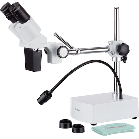 Amscope SE400 Compact Fixed-Lens Binocular Stereo Microscope 10X on Boom-Arm Stand w/Reverse Angled Head an SE400-LED